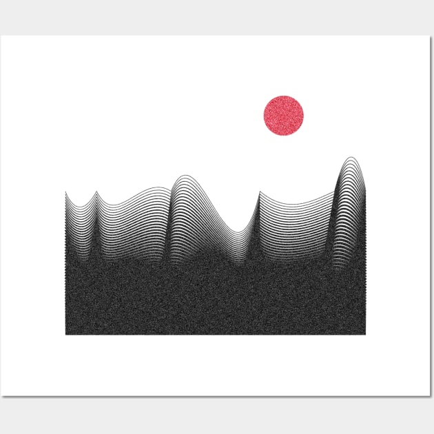 Waves underneath a red sun - geometric minimalist abstract design Wall Art by Liam Warr